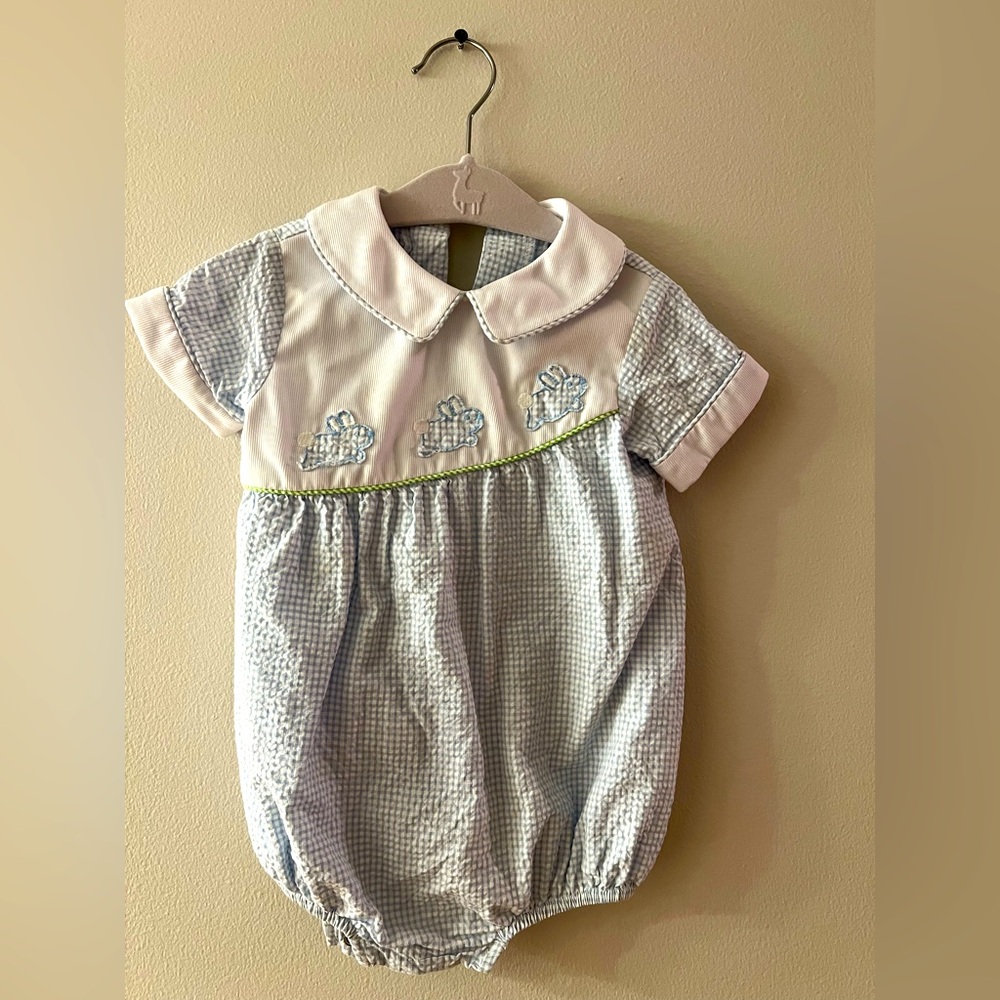 Little English Seersucker Bunny Easter Bubble for Baby Boy. EUC. Like new!